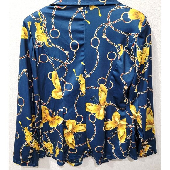 Shein Blue & Gold Floral Butterfly & Chain Print Blazer Jacket Size S - Picture 12 of 15